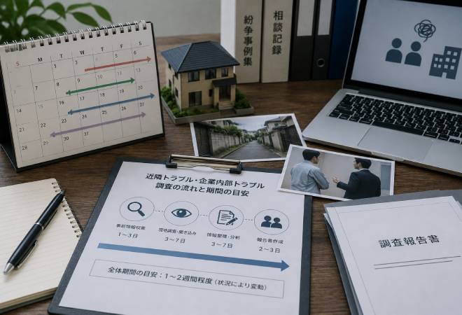 近隣トラブル・企業内部トラブルにかかる期間の目安。