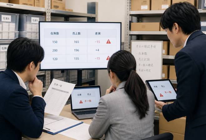 在庫が合わず困惑する企業担当者。