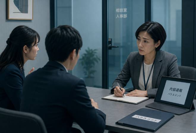 人事担当者に内部通報を行っている様子。