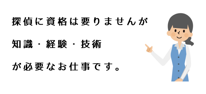 探偵に資格は要りませんが、知識・経験・技術が必要なお仕事です。